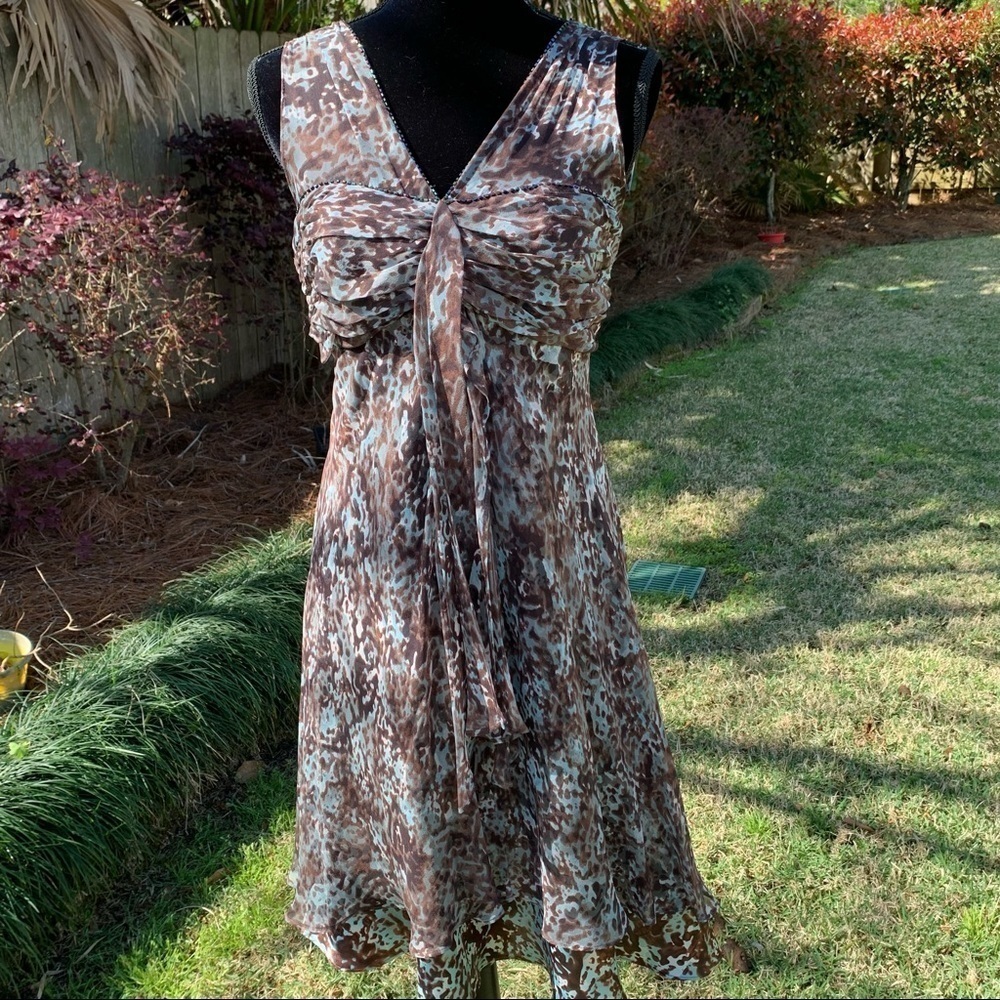 ROBBIE BEE Brown and blue print fit and flare silk cocktail dress beaded summer